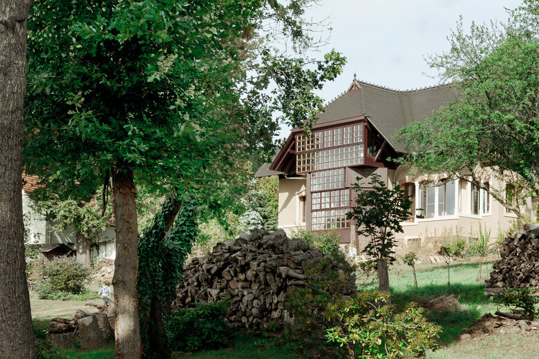 Haus mit großer Fensterfront, im Vordergrund ein Garten mit Bäumen und Holzstapel