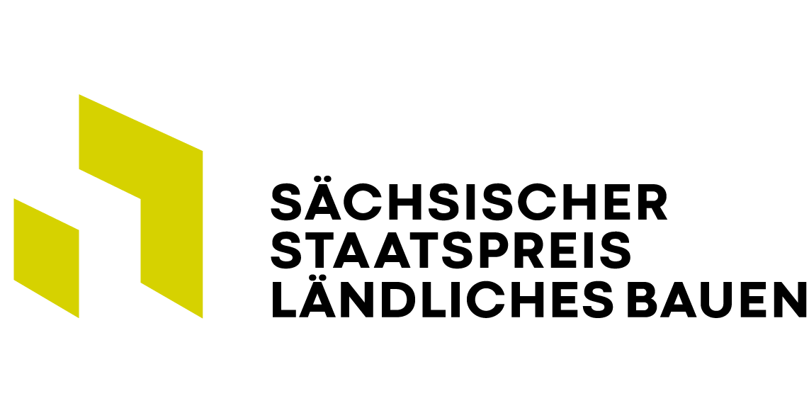 Grafik gelb-grün und Text Sächsischer Staatspreis Ländliches Bauen